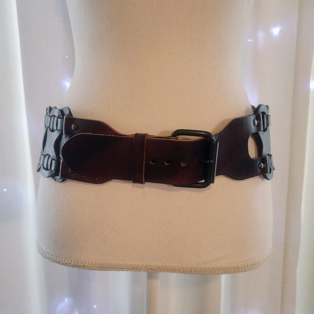 Brown Leather Woven Braided Chain Thick Wide Belt Boho Y2K 90s Vintage